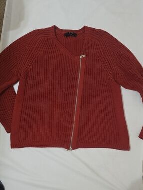 OUI Zippered Brick Red Knit Cardigan Sweater 12